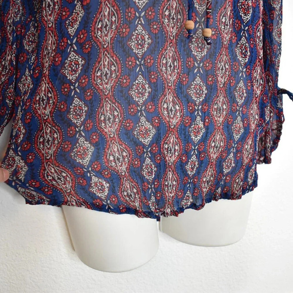 Lucky Brand Floral Crochet Peasant Blouse Sz M Crinkle Sheer Southwestern Boho - Picture 7 of 16